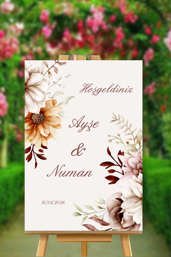 Turuncu Kahve Çiçekli İsimli Karşılama Panosu