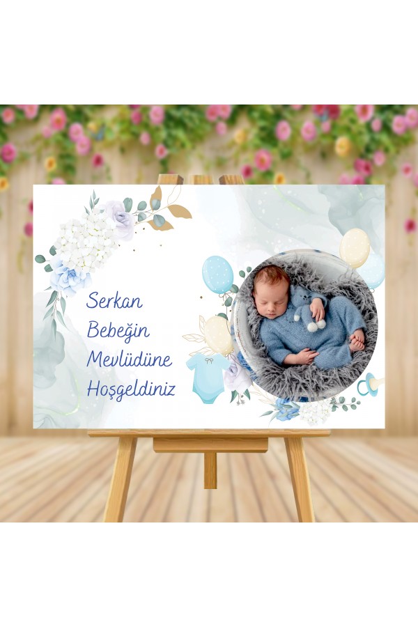 Yatay Mavi Bebek Mevlüdü Temalı Resimli Karşılama Panosu