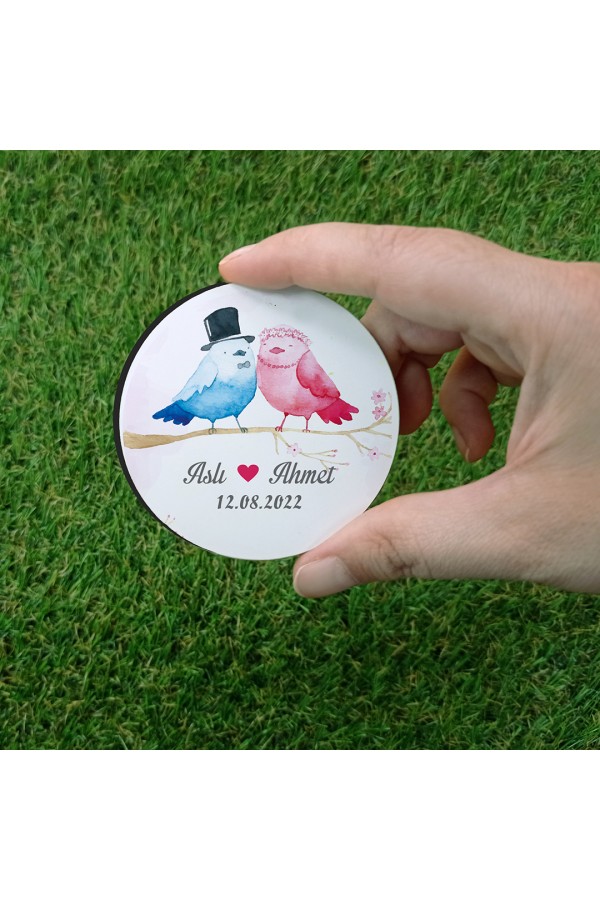 Mavi Pembe Kuş Temalı Ahşap Magnet