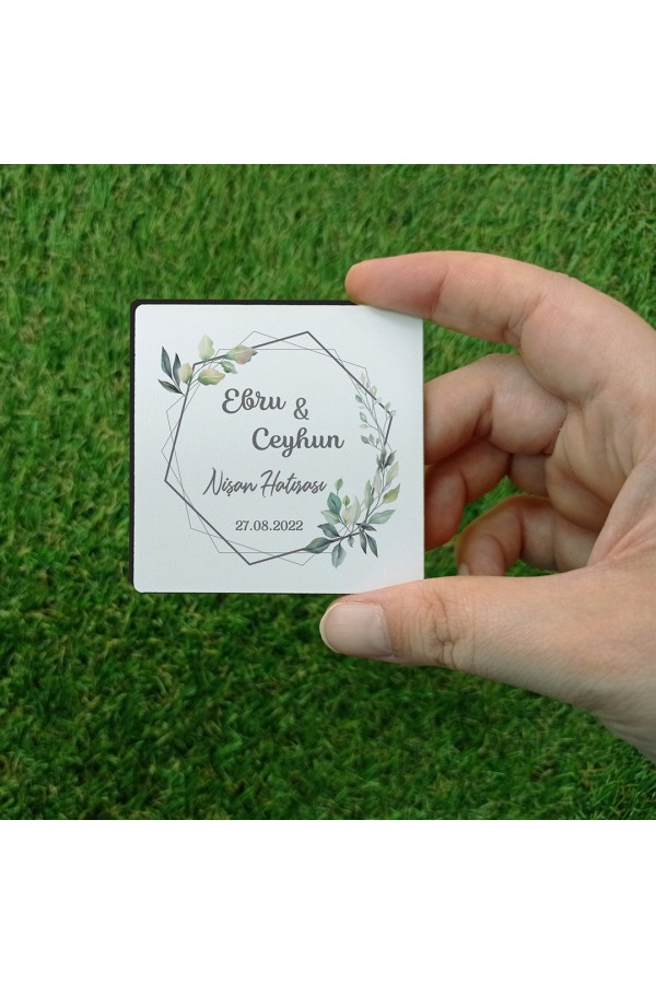 Yeşil Yapraklı Nişan Hatırası Kare Ahşap Magnet