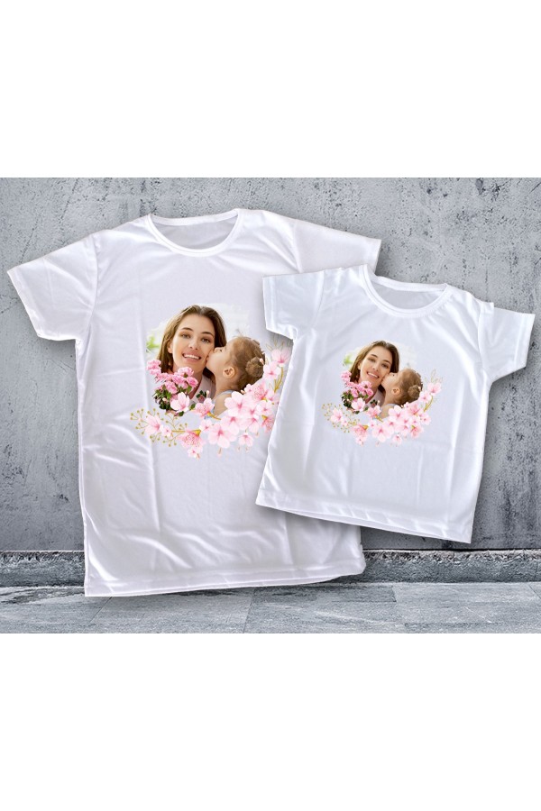 Anne Çocuk Kombin Pembe Çiçekli 2'li Tişört Baskı Anne Çocuk Kombin Pembe Çiçekli 2'li Tişört Baskı